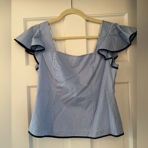 Sail to sable blue gingham shirt with flutter sleeve , size M